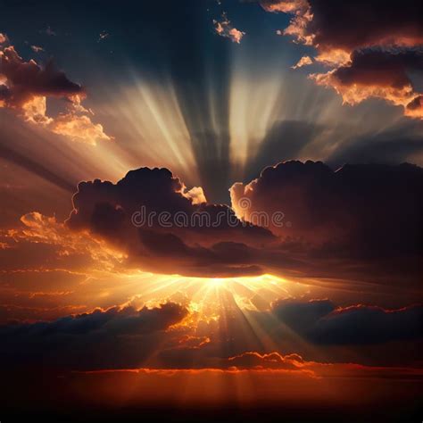 Beautiful Sunset Sky With God Rays Coming Through The Clouds Stock