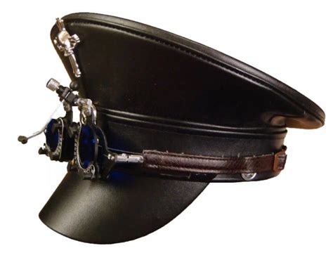 Steampunk Black Leather Look Military Hat With Blue Lens Etsy