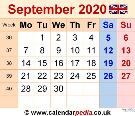 Calendar September 2020 Uk With Excel Word And Pdf Templates