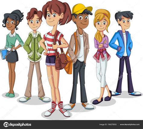 Grupo Jóvenes Dibujos Animados Adolescentes Estudiantes Vector De Stock