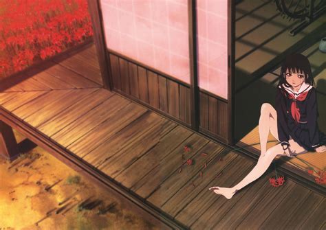 Barefoot Legs Sitting Looking Up Red Eyes Jigoku Shoujo Enma Ai