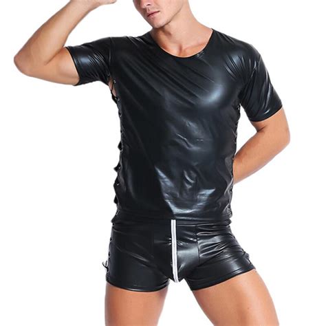 Mens Leather T Shirt Tshirts Sexy Men Fashion Side Lace Up Solid Tight