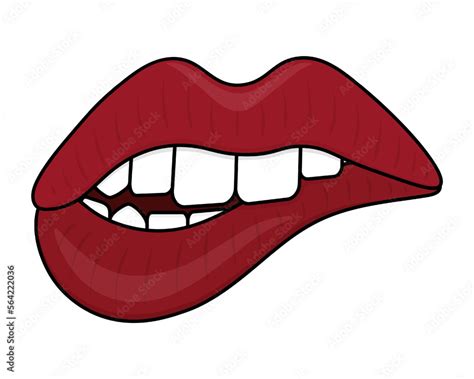 Bite Your Lip Scarlet Lipstick On Lips Seductive Mouth Color Vector Illustration Cartoon