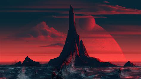 Wallpaper Fantasy Art Island Moon Red Dark Mountains Clouds