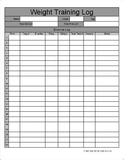 Free Wide Numbered Rows Weight Training Log