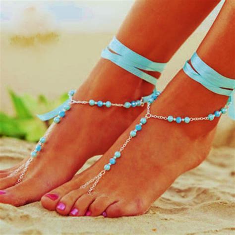 Womens Ribbon Beaded Barefoot Sandals Toe Ring Foot Jewelry Etsy