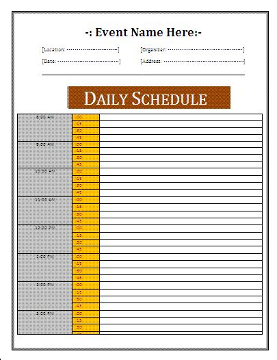Daily Event Schedule Template Printable Schedule Template