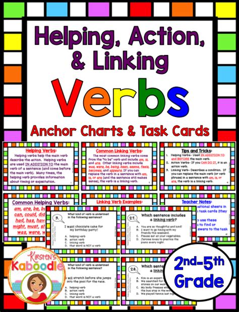 Action Verbs Helping Verbs And Linking Verbs Task Cards And Anchor
