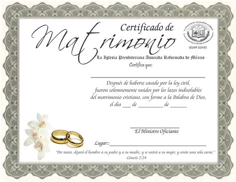 Certificado De Matrimonio Iglesia Presbiteriana Asociada Reformada De