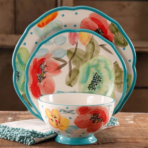 The Pioneer Woman Vintage Bloom 12 Piece Dinnerware Set Turquoise