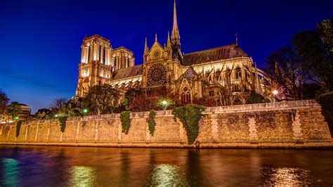 Фото париже Собор Франция Notre Dame Cathedral храм Ночь 1920x1080