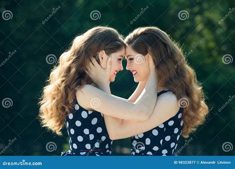 Two Beautiful Smiling Girl Sisters Stock Image Image Of Portrait European 98323877