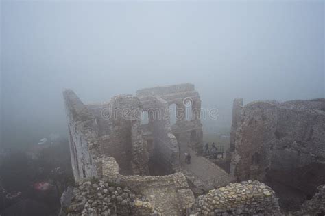 Medieval Castle Ruin In Heavy Fog View From High Point Editorial Image