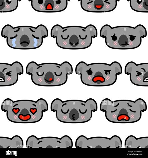 Seamless Pattern With Cute Kawaii Emoji Koalas Vector Cartoon