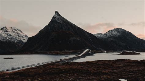 Wallpaper Fjord Mountains Bridge Crossing Lofoten Norway Hd