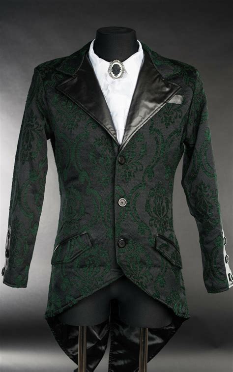 Mens Black Green Brocade Steampunk Tailcoat Victorian Vampire Goth Jacket Mens Clothing