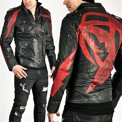 Outerwear Striking Two Tone Red Strip Accent Black Leather Jacket