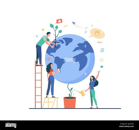 Man And Women Protecting Plant On Globe Isolated Flat Vector