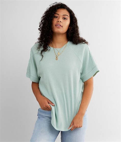 Cherish Ribbed Pointelle Top Womens Shirtsblouses In Mint Buckle