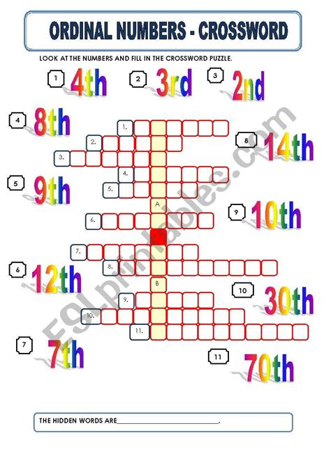 Ordinal Numbers Esl Printable Crossword Puzzle Worksheet Vlrengbr