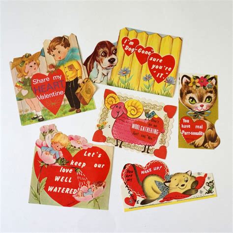 Six Valentines Day Cards With Pictures Of Cats And Dogs Including One Cat