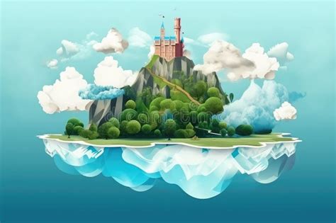 Surreal Float Island With Castle In The Clouds And Magical Waterfall