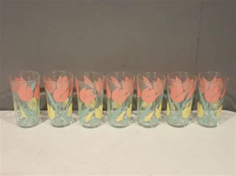 SET OF 7 Vintage Pink Yellow Tulip Juice Glasses Drinking Glasses 44