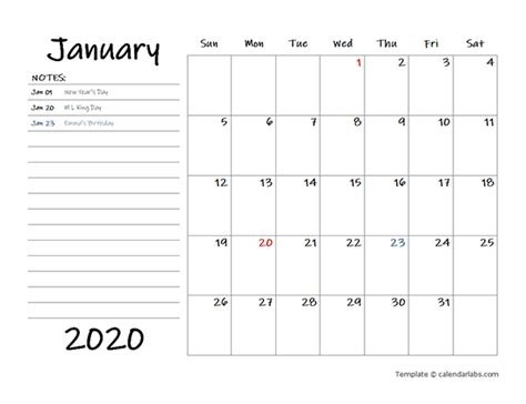 2020 Calendar Template With Monthly Notes Free Printable Templates