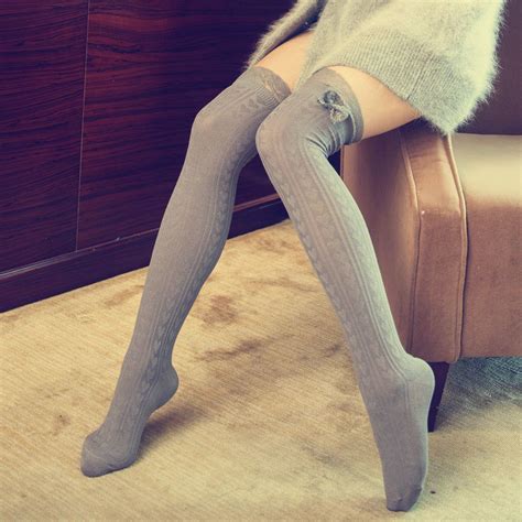 Gray Thigh High Over Knee Women Lace Boot Socks With Bows Lace