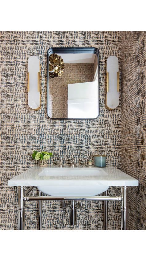 Hamptons Residence Powder Room With Graphic Wallpaper And Console Sink