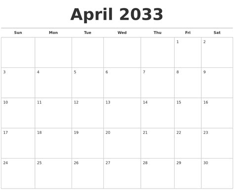 October 2033 Blank Monthly Calendar