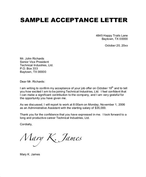 Sample Job Acceptance Letter 7 Documents In Pdf Word