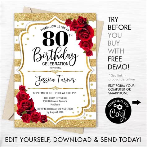 Instant Download Templett Rustic 80th Birthday Invite Surprise 80th Birthday Invitation