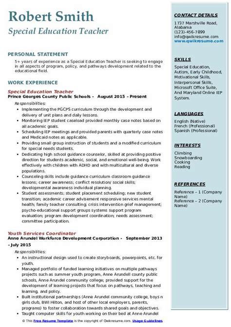 Adapt it to your profile and accomplish your job goals. Special Education Teacher Resume Samples | QwikResume