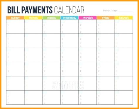 Monthly Bill Calendar Printable