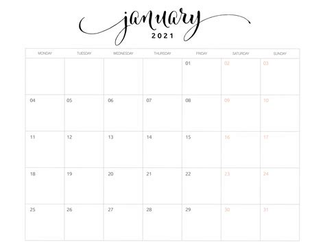 2021 Monthly Calendar Monday Start World Of Printables
