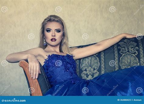Young Woman In Luxurious Blue Dress Stock Image Image Of Cool