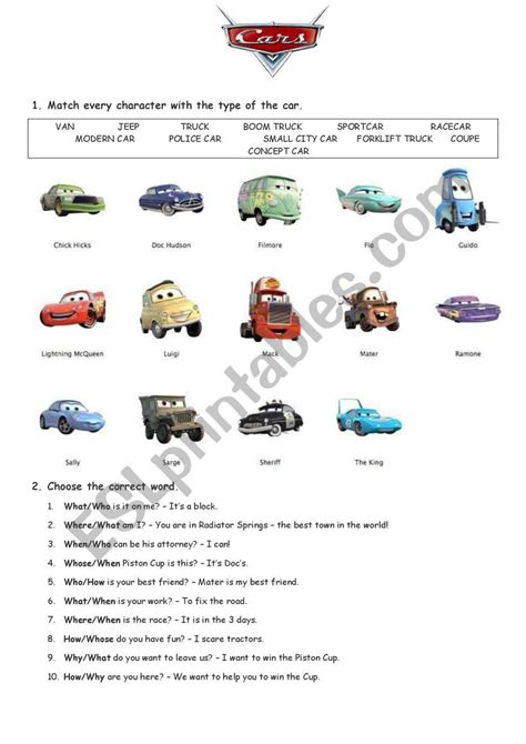 The Cars Grammar Tasks Wh Questions And Movie Discussion Esl