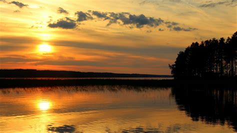 Wallpaper Forest Lake Sunset Sun Reflection