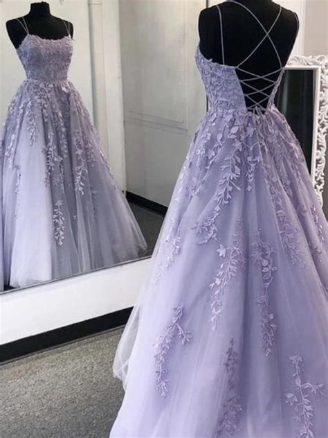 Lavender Backless Tulle Lace Long Prom Dresses Open Back Purple Tulle