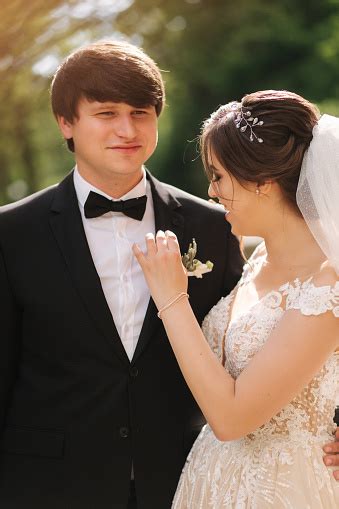 Portrait Of Happy Groom And Bride Beautiful Wedding Couple Stock Photo