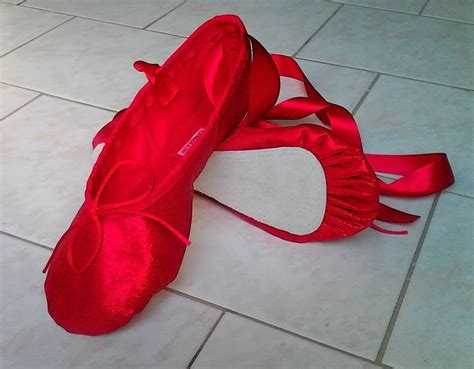 grandgear ruby red sparkly with ribbons on just finished ballet slippers ballet shoes