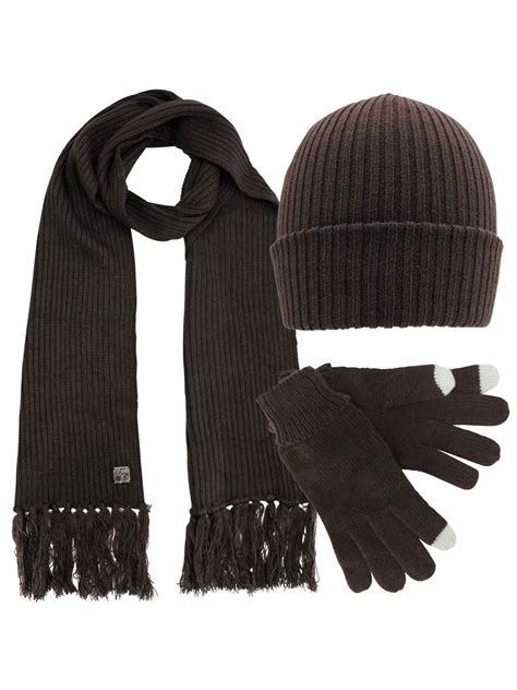 Brown Ribbed Knit Mens 3 Piece Hat Scarf And Texting Gloves Set