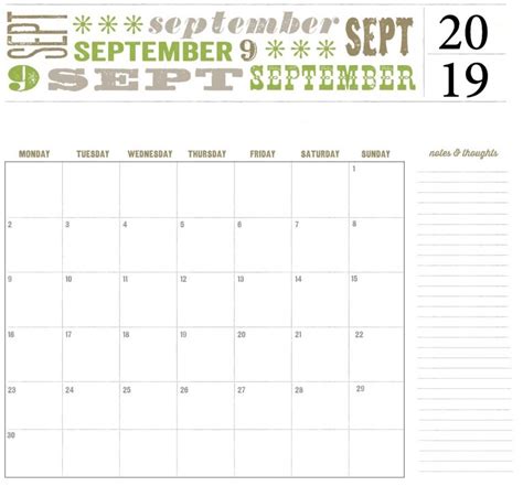Fillable Calendar For September 2019 Printable Notes With Large Space