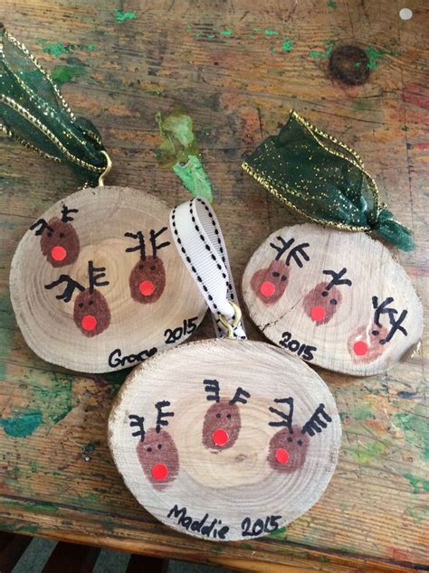 Christmas Ornaments Finger Print Reindeers On Wooden Discs Christmas