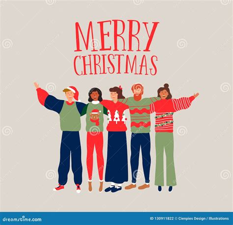 Christmas Card Of Diverse People Friend Group Hug Stock Vector