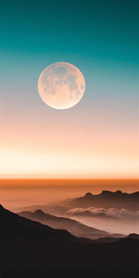 1080x2160 Adams Peak Mountains Moon Horizon Landscape Sunset