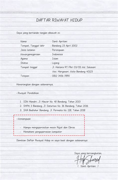 Contoh Daftar Riwayat Hidup Tulis Tangan Lulusan Smk