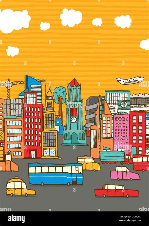 Cartoon Illustration Of A Busy Colorful City With Cars Buildings And