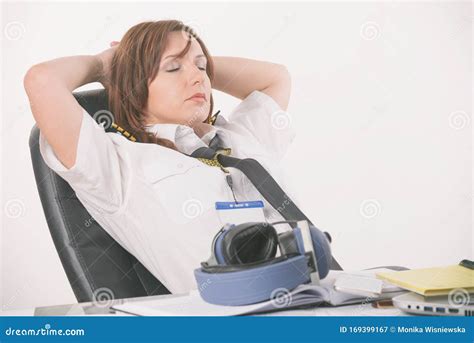 Woman Airline Pilot Sleeping In The Office Stock Image Image Of